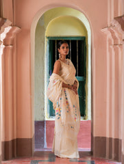 Exclusive Soft Handwoven Bengal Cotton Jamdani Saree - White Flora