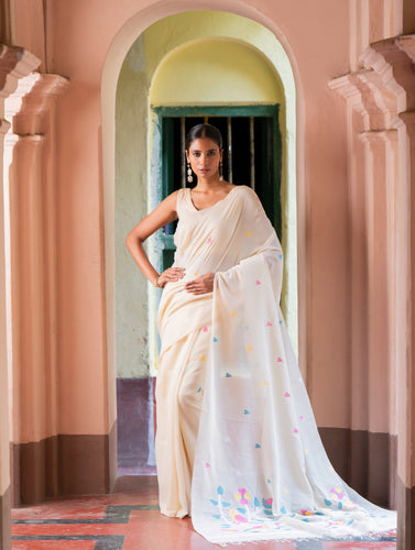 Exclusive Soft Handwoven Bengal Cotton Jamdani Saree - White Flora