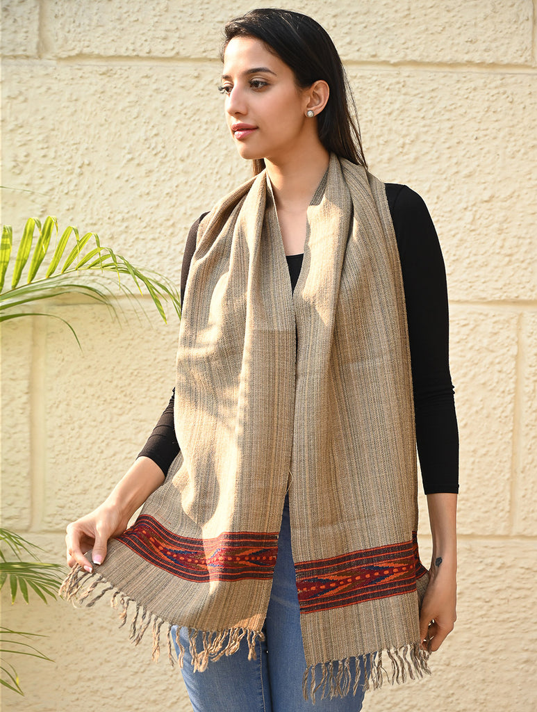 Exclusive Soft Himachal Wool Muffler with Woven Border - Camel Trail