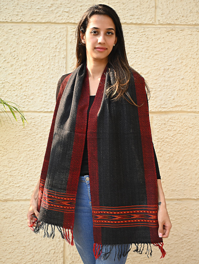 Exclusive Soft Himachal Wool Muffler with Woven Border - Graphite Mist