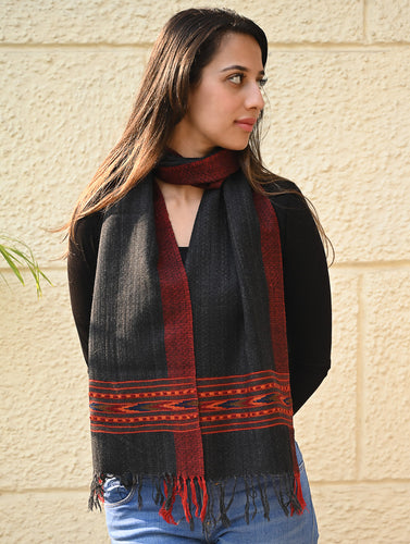 Exclusive Soft Himachal Wool Muffler with Woven Border - Graphite Mist