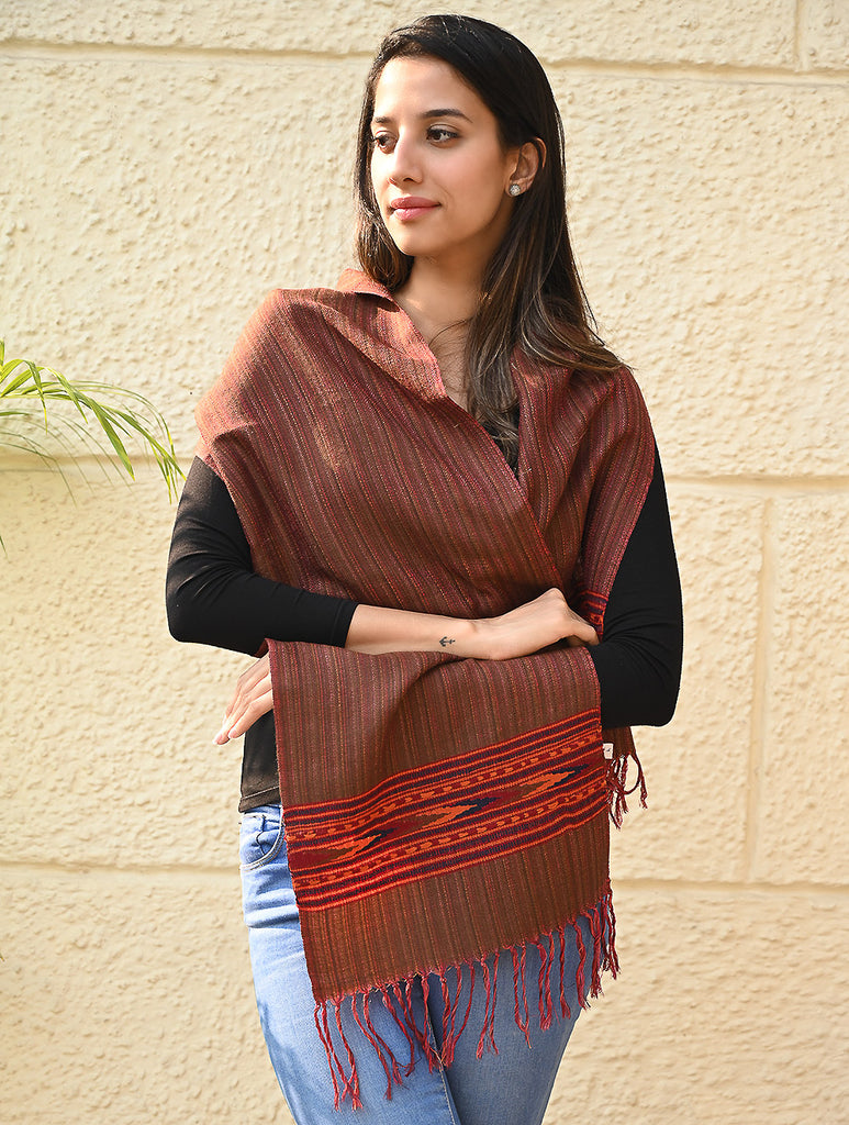 Exclusive Soft Himachal Wool Muffler with Woven Border - Hot Chocolate 