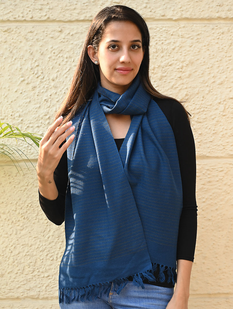 Exclusive Soft Himachal Wool Muffler with Woven Border - Midnight Stripes