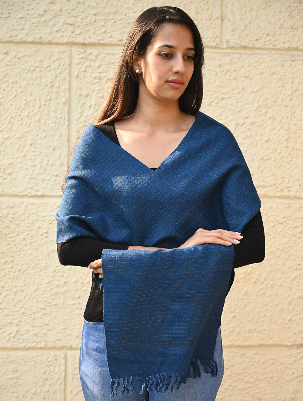 Load image into Gallery viewer, Exclusive Soft Himachal Wool Muffler with Woven Border - Midnight Stripes