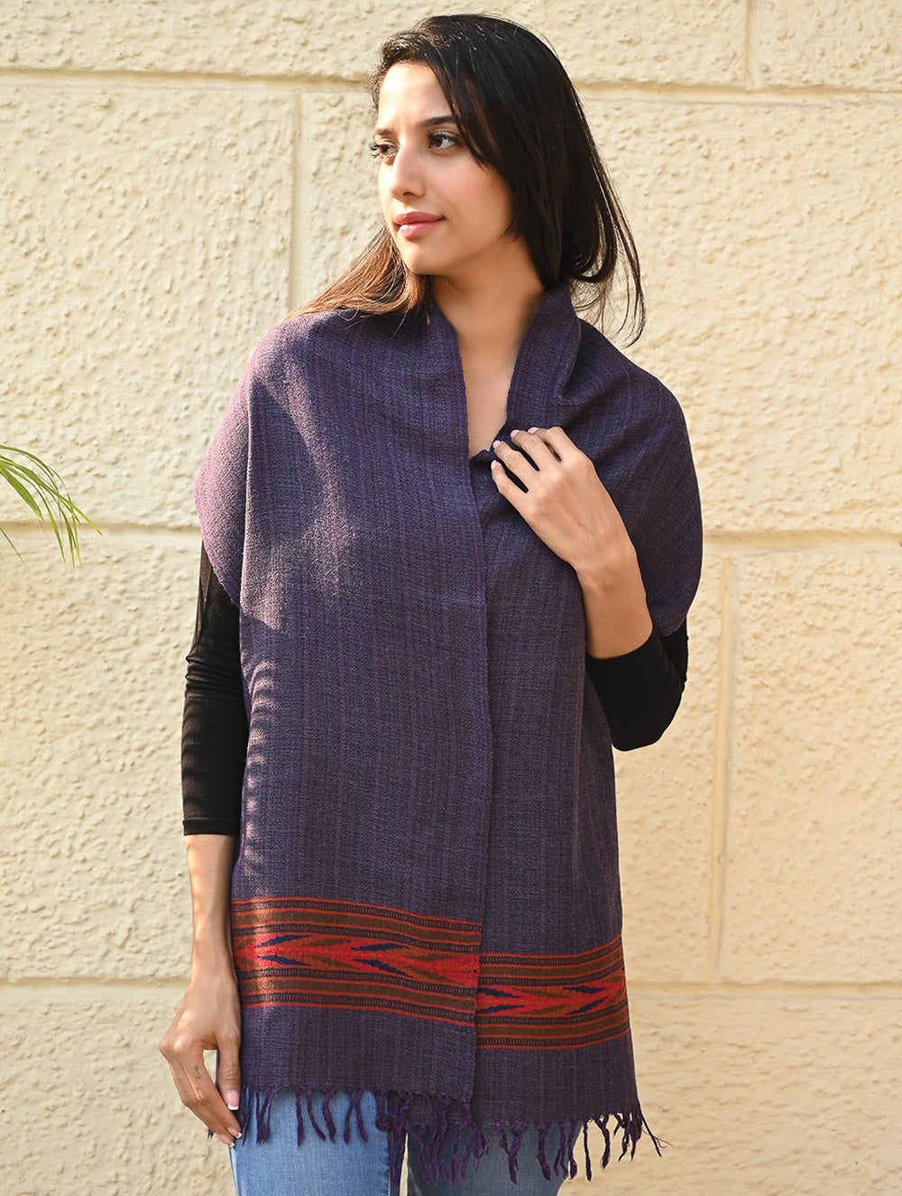 Load image into Gallery viewer, Exclusive Soft Himachal Wool Muffler with Woven Border - Purple Ink