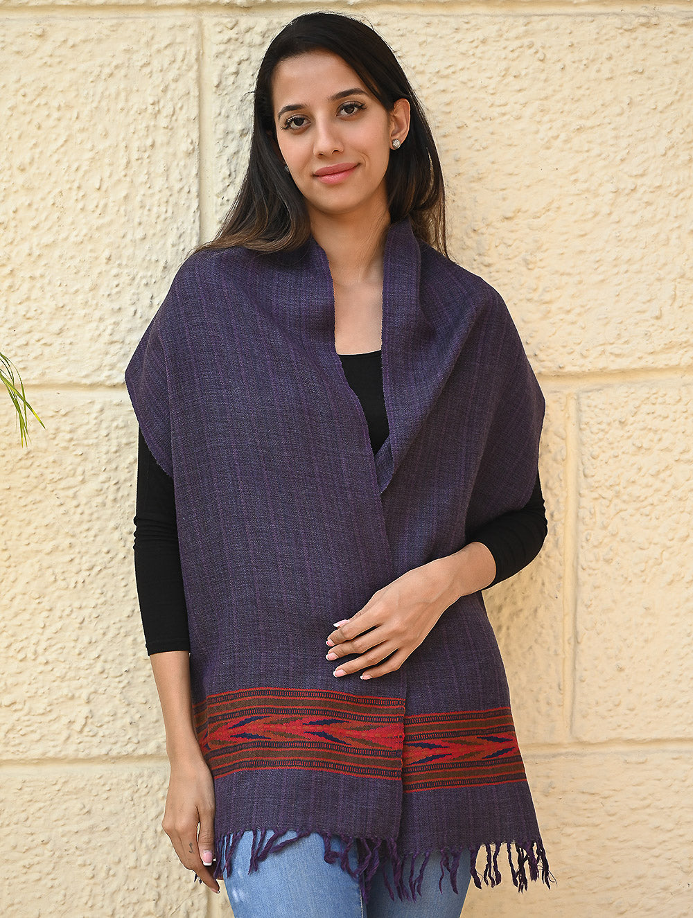 Load image into Gallery viewer, Exclusive Soft Himachal Wool Muffler with Woven Border - Purple Ink