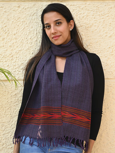 Exclusive Soft Himachal Wool Muffler with Woven Border - Purple Ink
