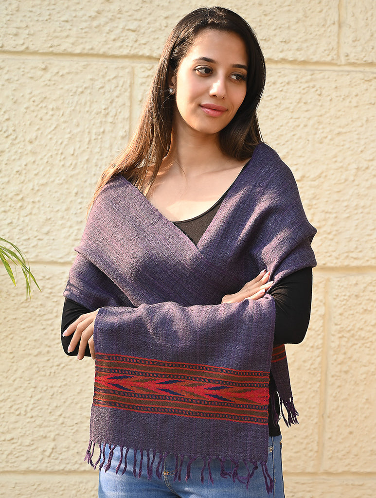 Exclusive Soft Himachal Wool Muffler with Woven Border - Purple Ink
