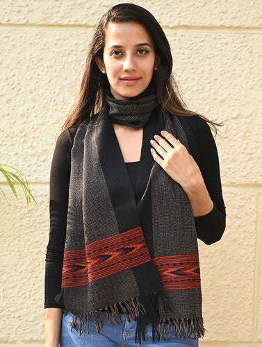 Exclusive Soft Himachal Wool Muffler with Woven Border - Smoke Nest
