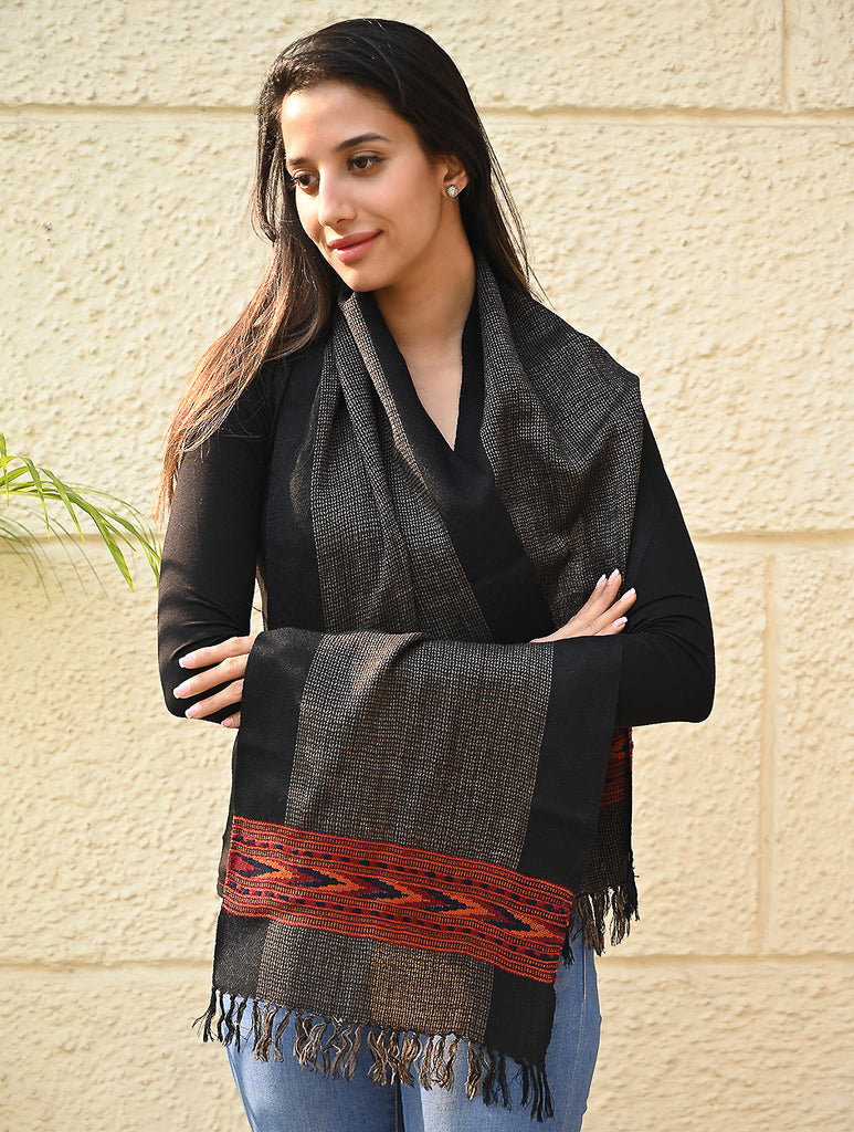 Exclusive Soft Himachal Wool Muffler with Woven Border - Smoke Nest