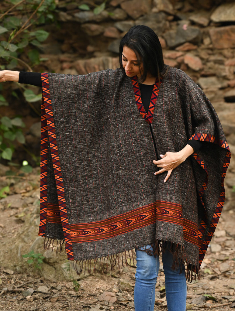 Exclusive Soft Himachal Wool Poncho with Woven Border - Charcoal Brown