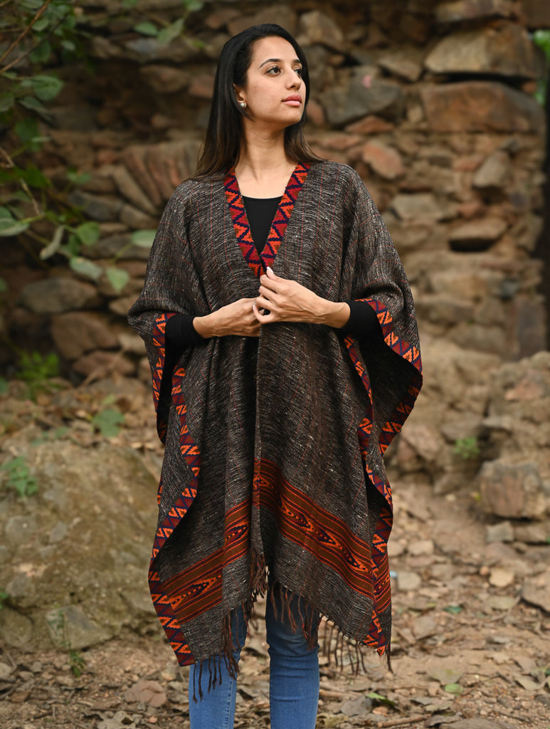 Exclusive Soft Himachal Wool Poncho with Woven Border - Charcoal Brown