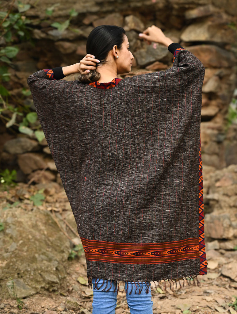 Exclusive Soft Himachal Wool Poncho with Woven Border - Charcoal Brown