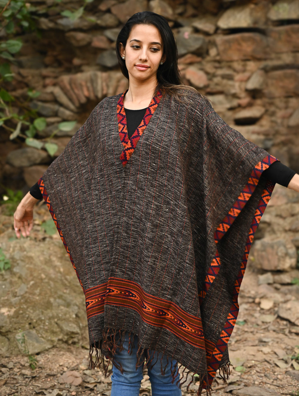 Load image into Gallery viewer, Exclusive Soft Himachal Wool Poncho with Woven Border - Charcoal Brown