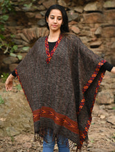 Load image into Gallery viewer, Exclusive Soft Himachal Wool Poncho with Woven Border - Charcoal Brown