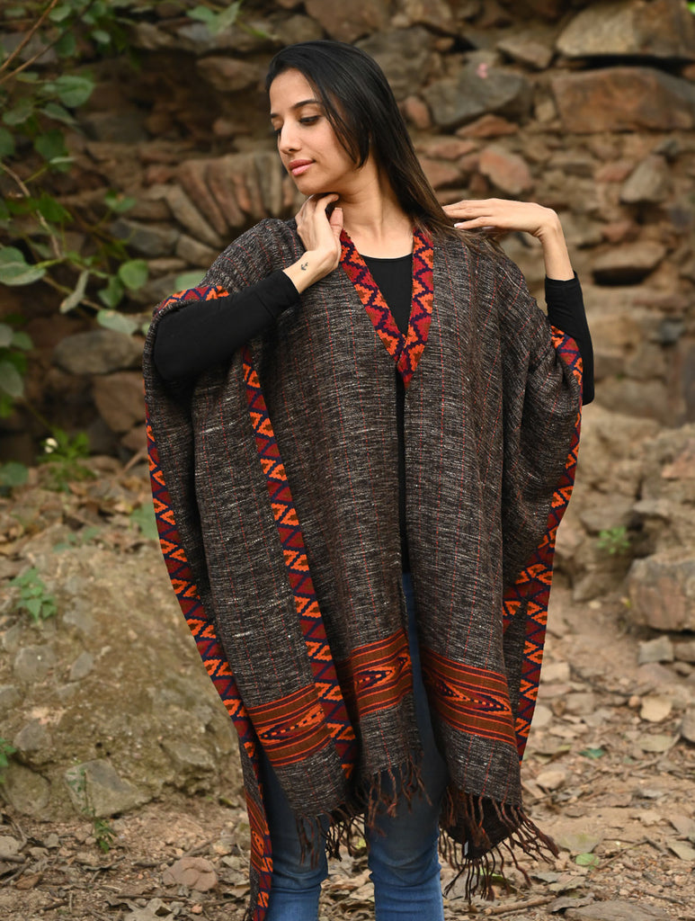 Exclusive Soft Himachal Wool Poncho with Woven Border - Charcoal Brown