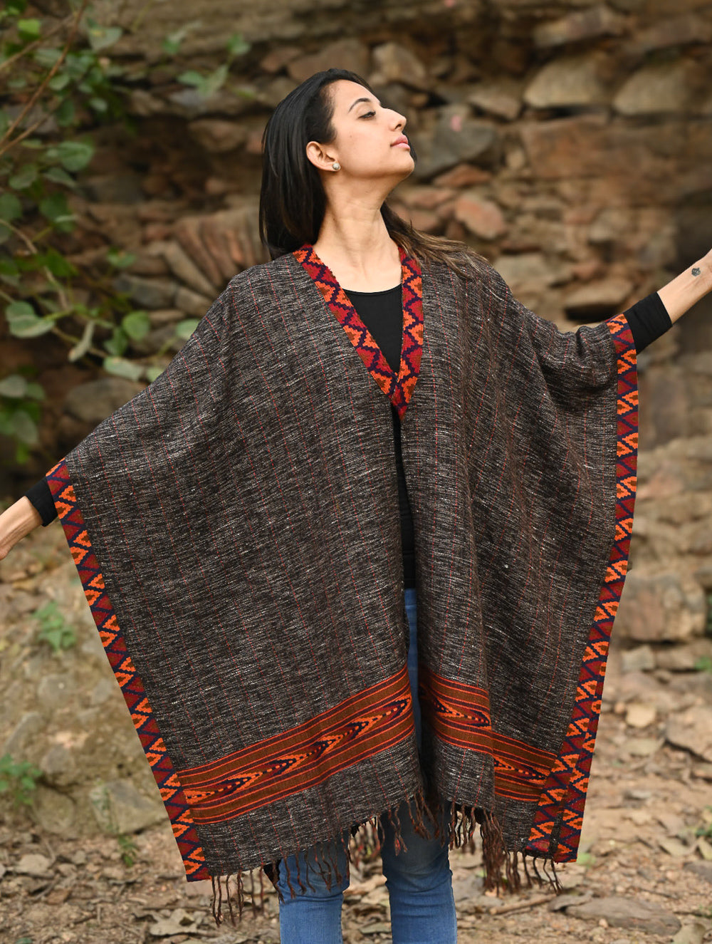 Load image into Gallery viewer, Exclusive Soft Himachal Wool Poncho with Woven Border - Charcoal Brown
