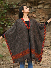Load image into Gallery viewer, Exclusive Soft Himachal Wool Poncho with Woven Border - Charcoal Brown