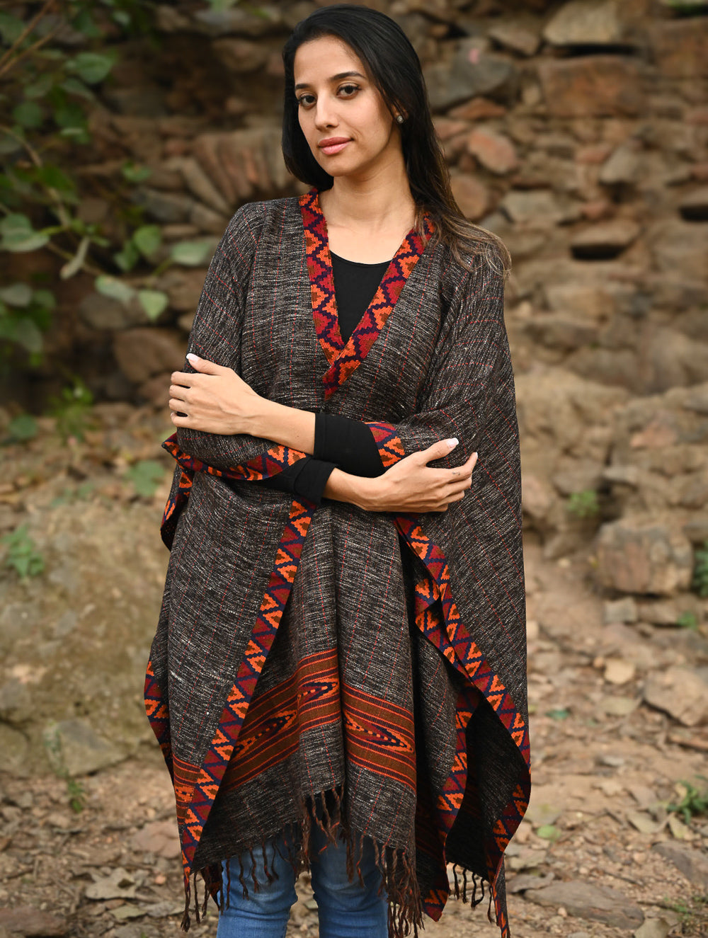 Load image into Gallery viewer, Exclusive Soft Himachal Wool Poncho with Woven Border - Charcoal Brown