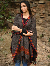 Load image into Gallery viewer, Exclusive Soft Himachal Wool Poncho with Woven Border - Charcoal Brown
