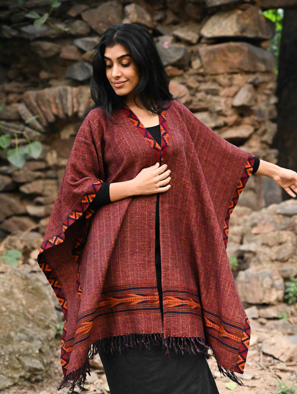 Load image into Gallery viewer, Exclusive Soft Himachal Wool Poncho with Woven Border - Chocolate Rust
