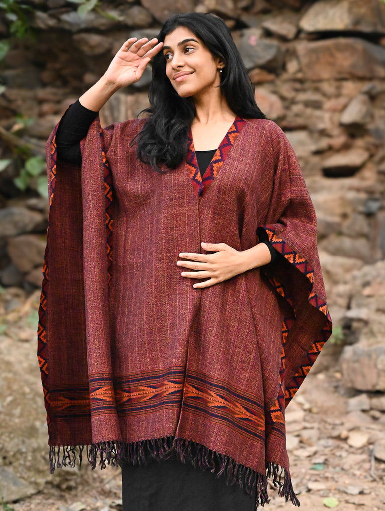Exclusive Soft Himachal Wool Poncho with Woven Border - Chocolate Rust