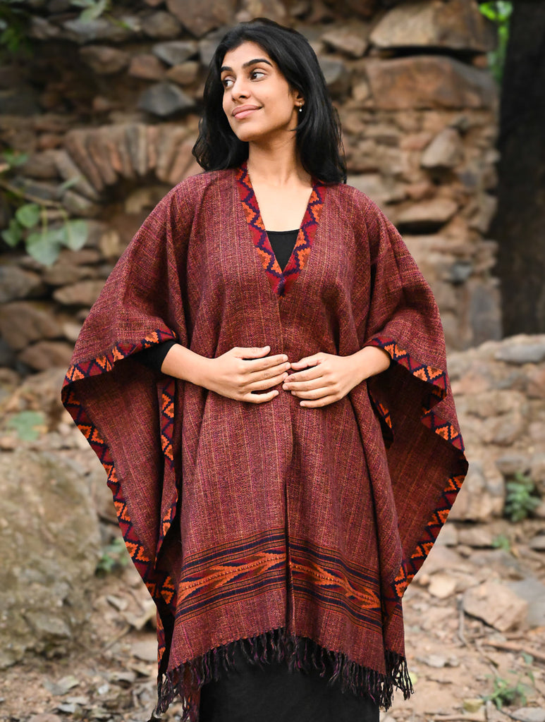 Exclusive Soft Himachal Wool Poncho with Woven Border - Chocolate Rust