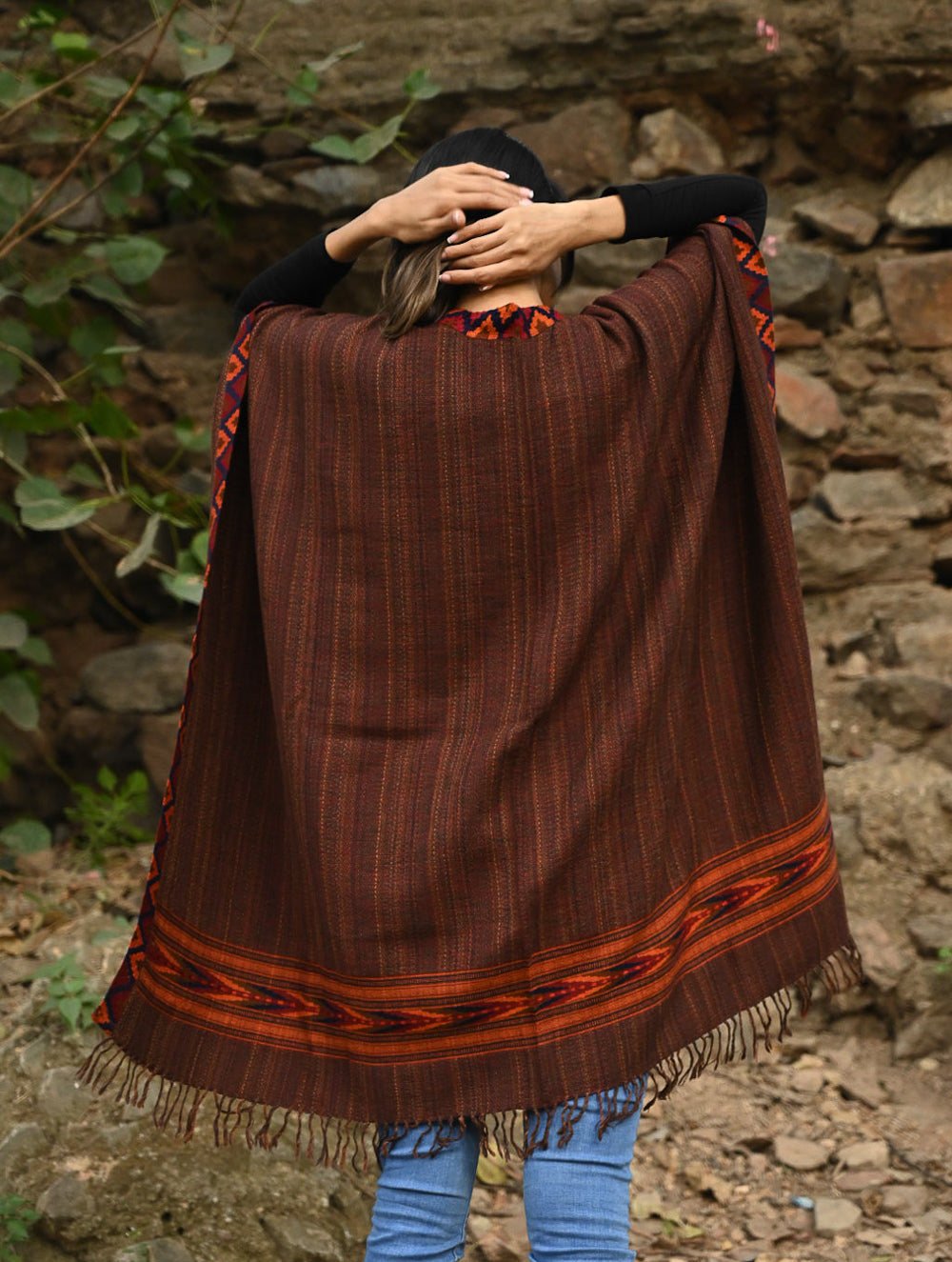 Load image into Gallery viewer, Exclusive Soft Himachal Wool Poncho with Woven Border - Cinnamon Rust