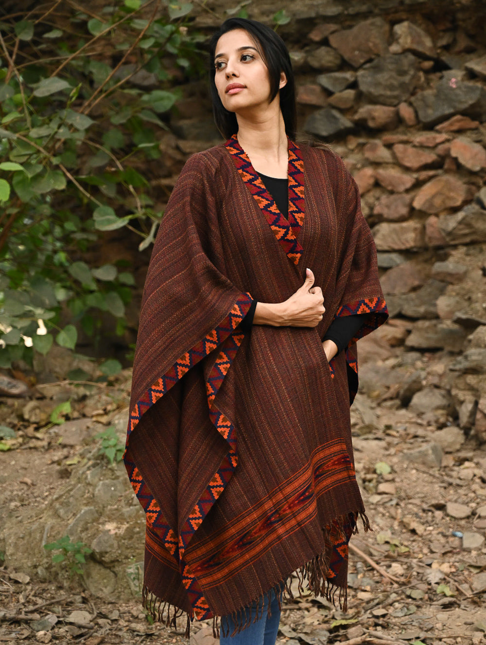 Load image into Gallery viewer, Exclusive Soft Himachal Wool Poncho with Woven Border - Cinnamon Rust