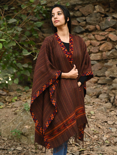 Exclusive Soft Himachal Wool Poncho with Woven Border - Cinnamon Rust