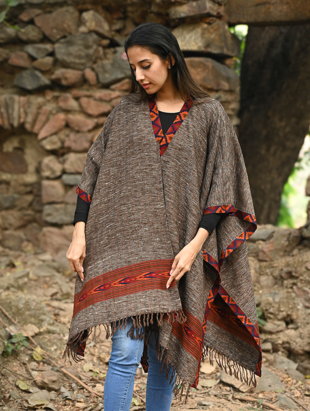 Buy Exclusive Soft Himachal Wool Poncho with Woven Border - Cocoa ...