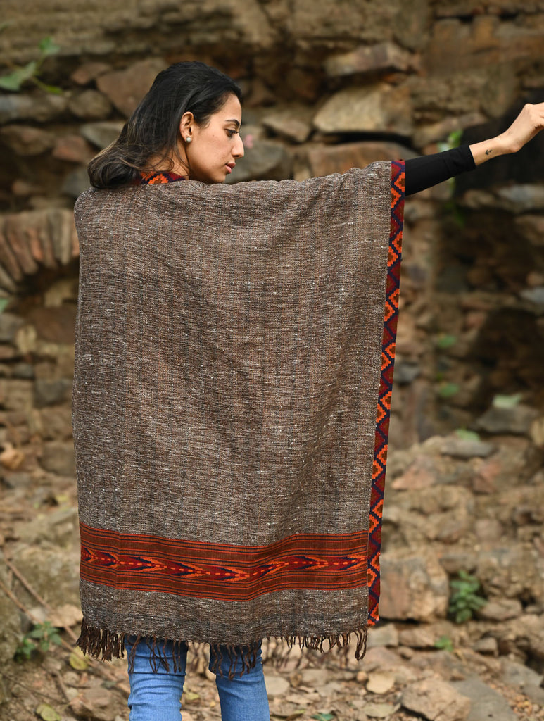 Exclusive Soft Himachal Wool Poncho with Woven Border - Cocoa Hearth