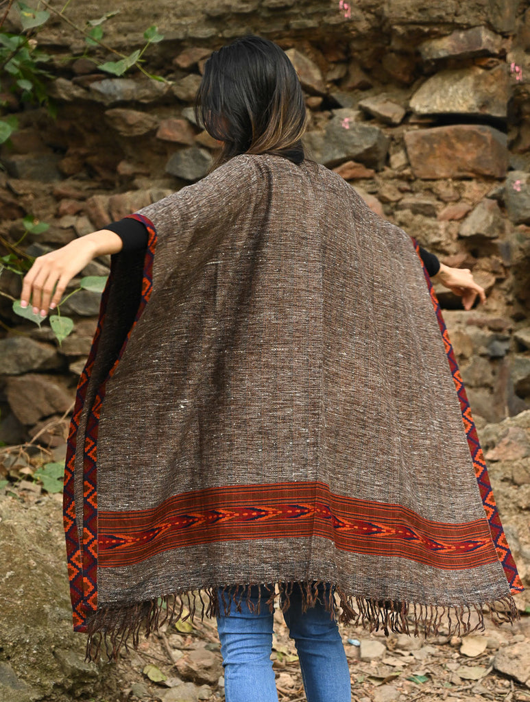 Exclusive Soft Himachal Wool Poncho with Woven Border - Cocoa Hearth