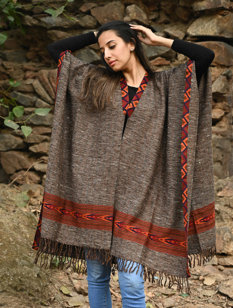 Exclusive Soft Himachal Wool Poncho with Woven Border - Cocoa Hearth