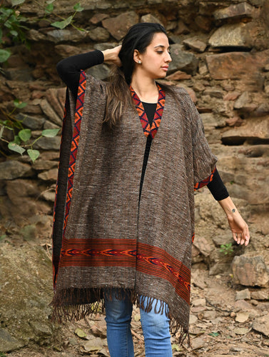 Exclusive Soft Himachal Wool Poncho with Woven Border - Cocoa Hearth
