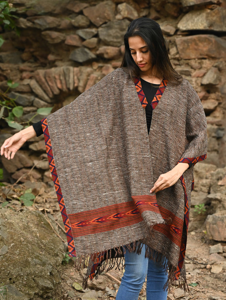 Exclusive Soft Himachal Wool Poncho with Woven Border - Cocoa Hearth