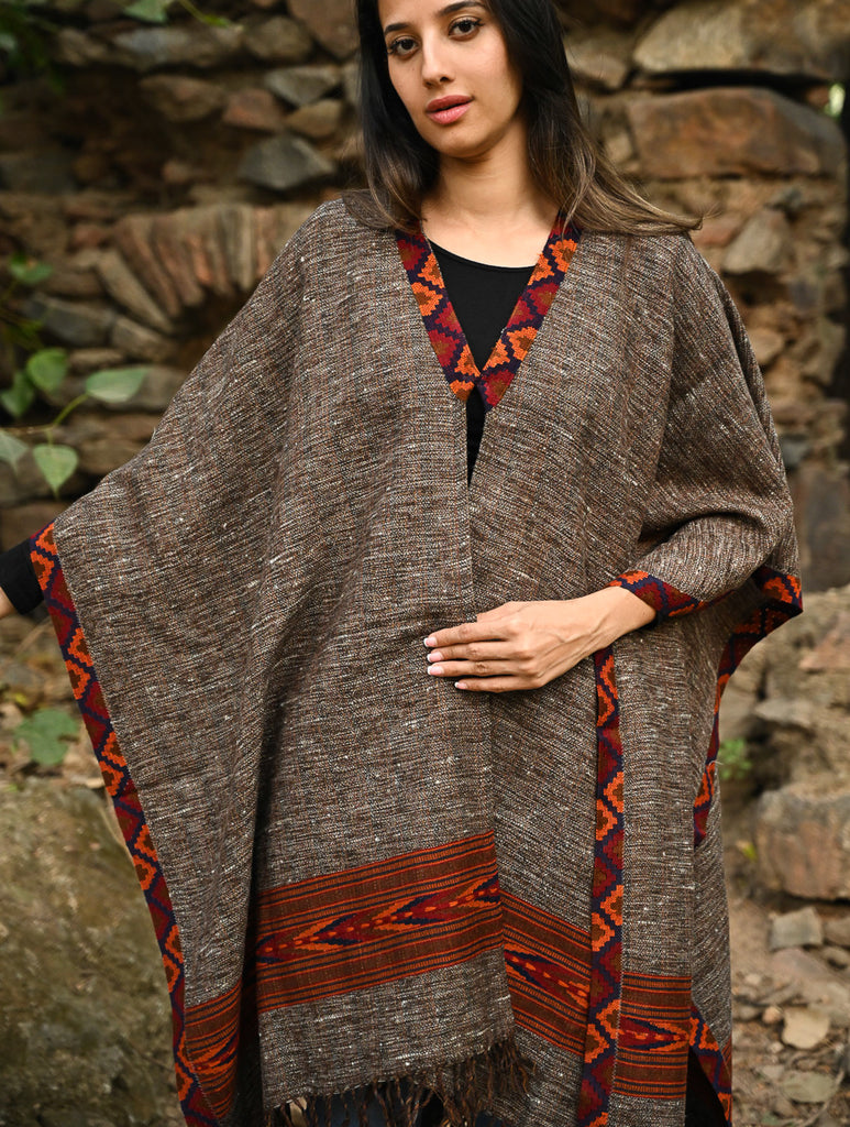 Exclusive Soft Himachal Wool Poncho with Woven Border - Cocoa Hearth