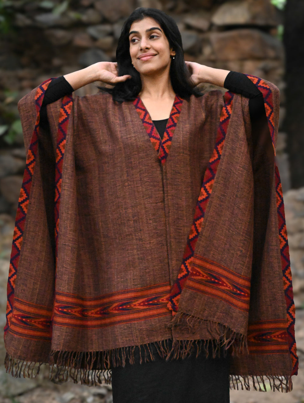 Load image into Gallery viewer, Exclusive Soft Himachal Wool Poncho with Woven Border - Coffee Spiced