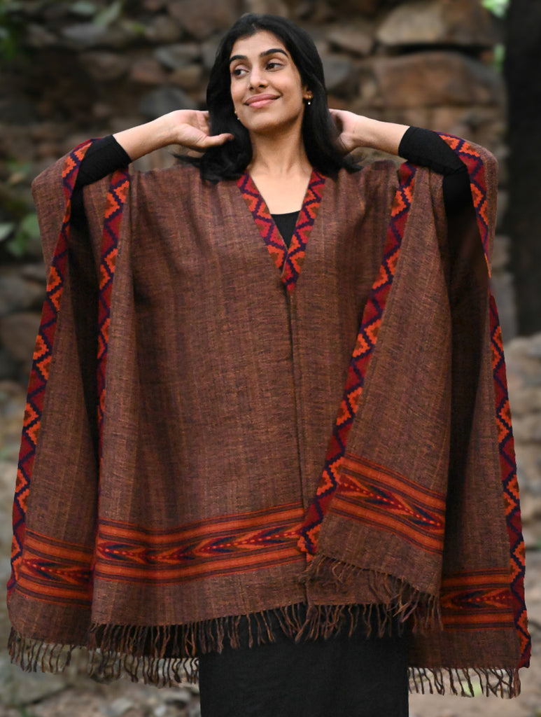 Exclusive Soft Himachal Wool Poncho with Woven Border - Coffee Spiced