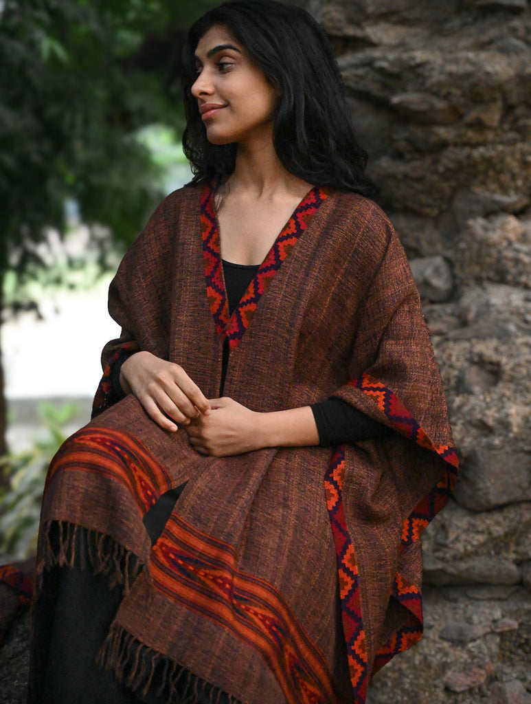 Exclusive Soft Himachal Wool Poncho with Woven Border - Coffee Spiced
