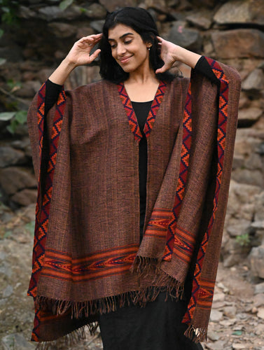 Exclusive Soft Himachal Wool Poncho with Woven Border - Coffee Spiced