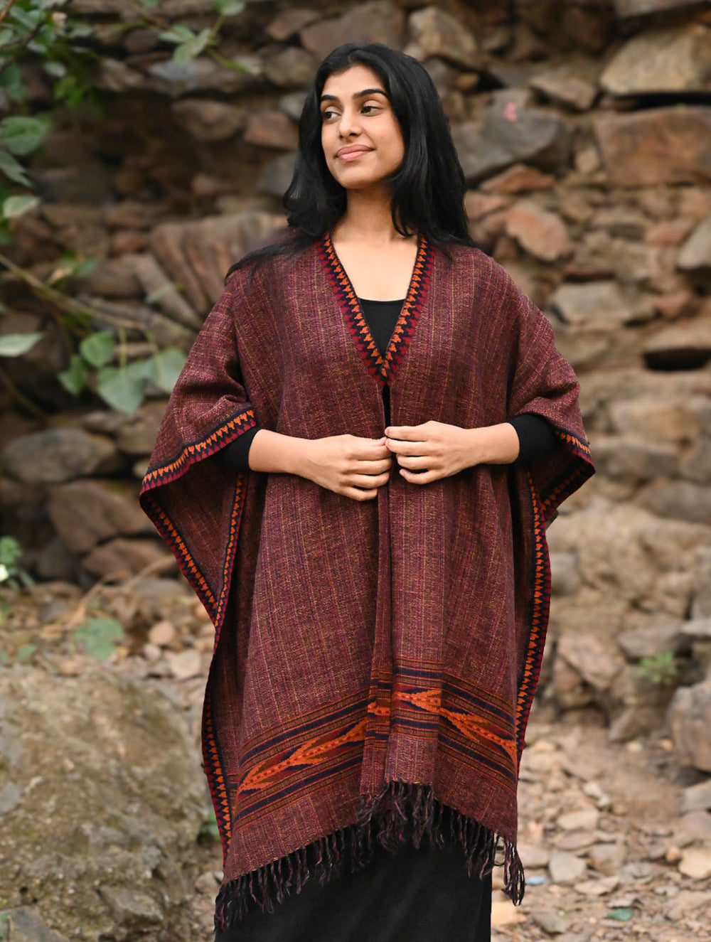 Load image into Gallery viewer, Exclusive Soft Himachal Wool Poncho with Woven Border - Mountain Berry