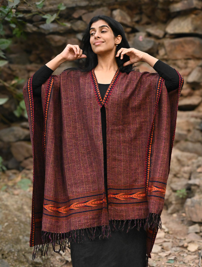 Exclusive Soft Himachal Wool Poncho with Woven Border - Mountain Berry
