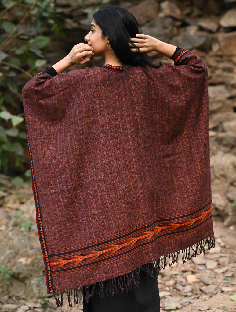 Exclusive Soft Himachal Wool Poncho with Woven Border - Mountain Berry