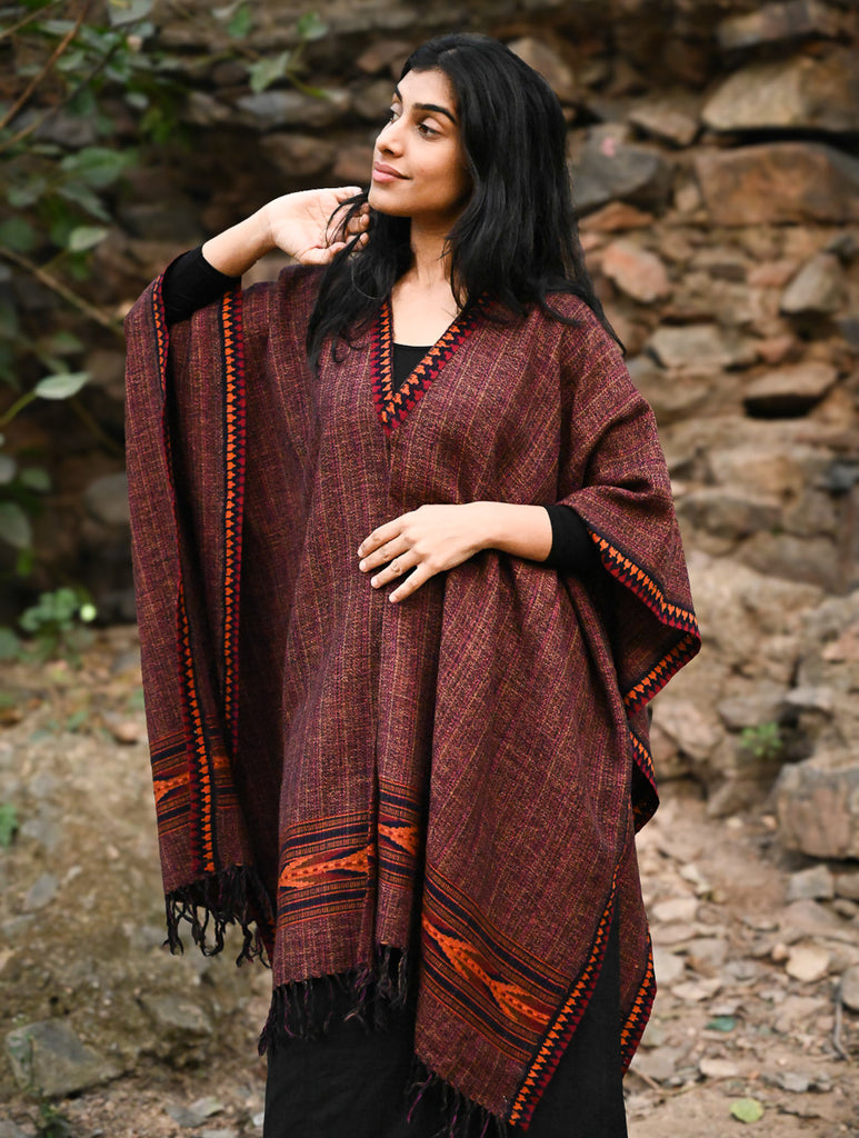 Exclusive Soft Himachal Wool Poncho with Woven Border - Mountain Berry