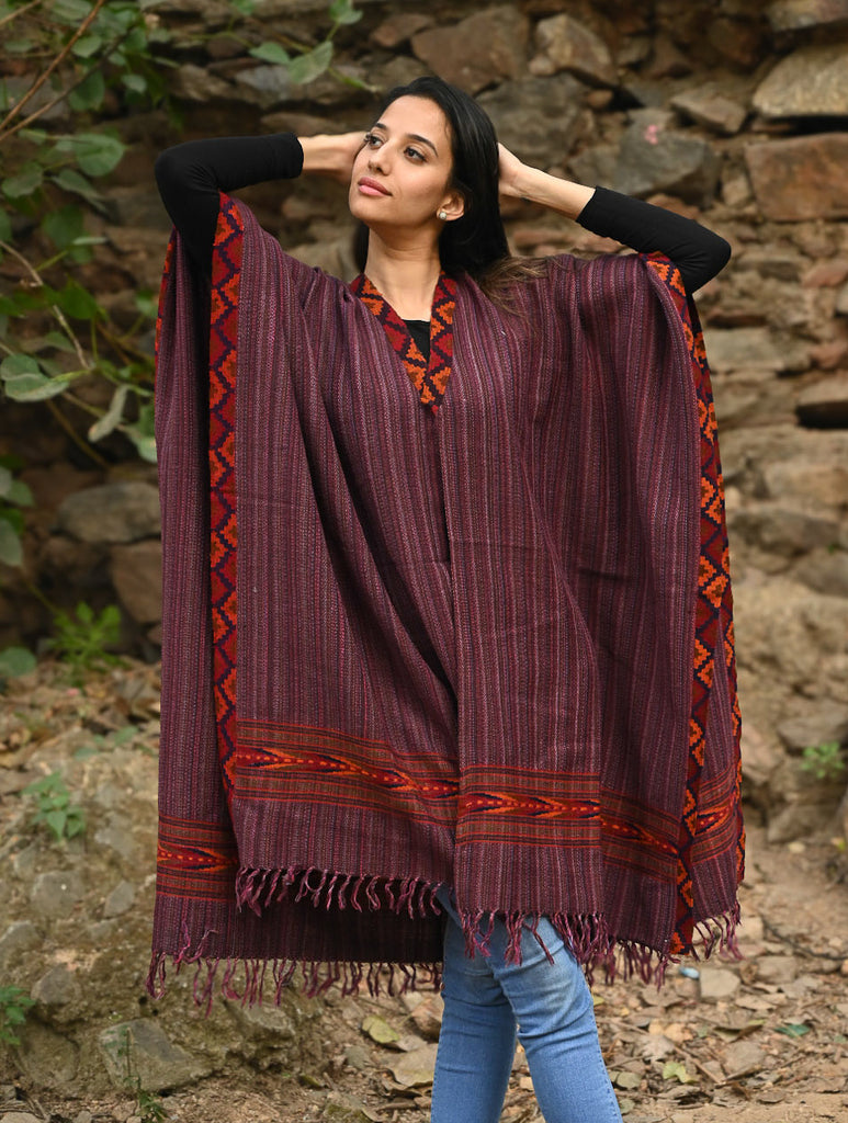 Exclusive Soft Himachal Wool Poncho with Woven Border - Plum Cake