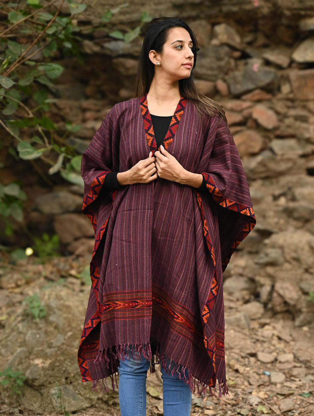Load image into Gallery viewer, Exclusive Soft Himachal Wool Poncho with Woven Border - Plum Cake