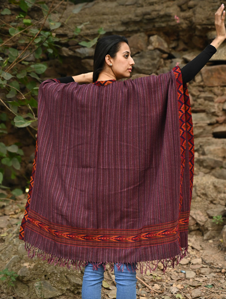 Exclusive Soft Himachal Wool Poncho with Woven Border - Plum Cake