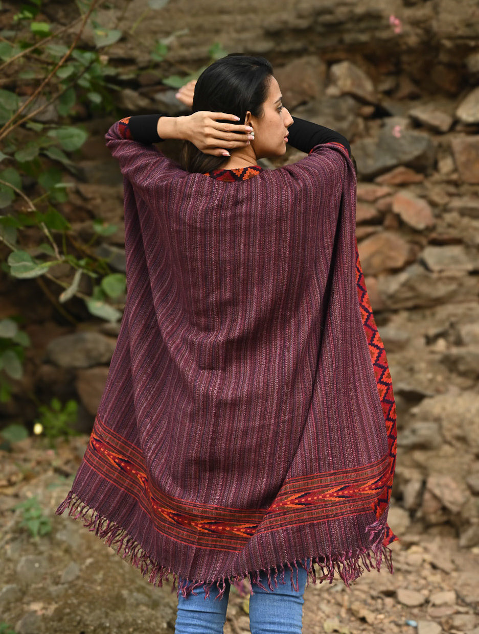 Load image into Gallery viewer, Exclusive Soft Himachal Wool Poncho with Woven Border - Plum Cake