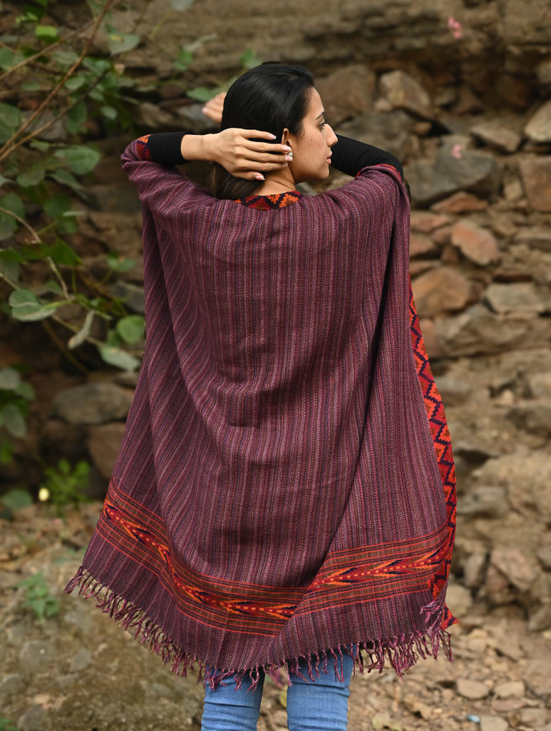 Exclusive Soft Himachal Wool Poncho with Woven Border - Plum Cake